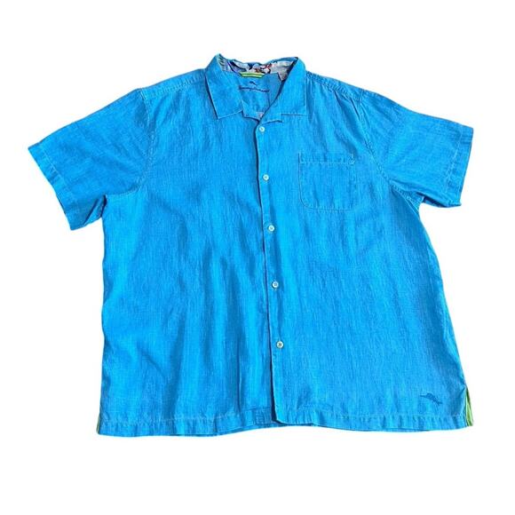Tommy Bahama Aqua Blue Button Down Short Sleeve Linen Shirt Men 2X Beachy Casual - Picture 1 of 6